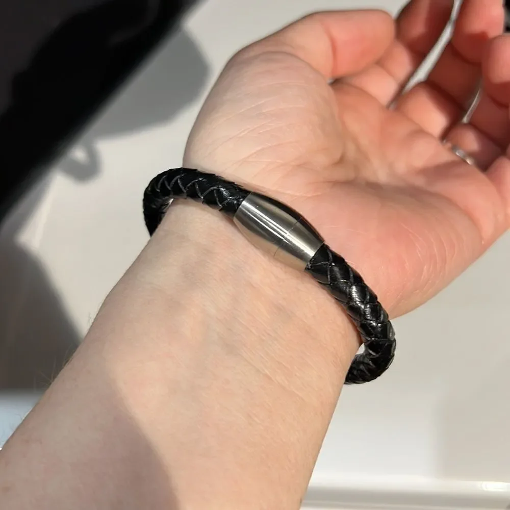 Leather Braided Bracelet with Silver Tone Hardware & Magnetic Closure